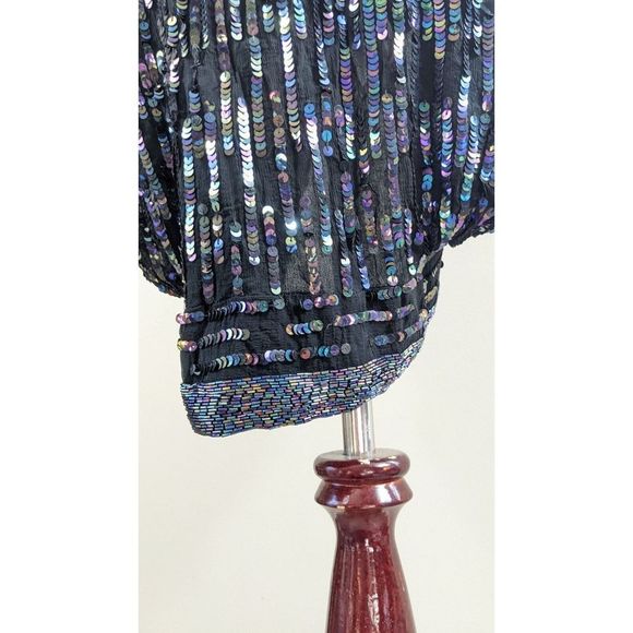 Oilslick rainbow Sequined Beaded long Silk Black Goddess Cardigan Jacket Vintage - Picture 9 of 16